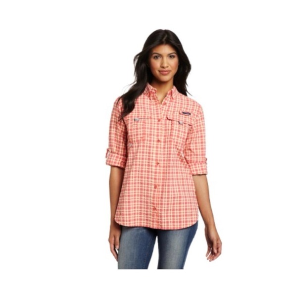 Columbia Tops - Columbia Super Bahama Women's Long Sleeve Shirt orange salmon plaid
